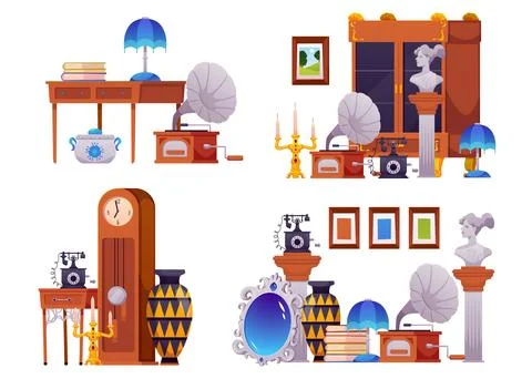Antique shop vector flat illustration, rarity store interior goods, pawn shop Stock Illustration