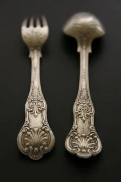 Antique silver fork &amp; spoon Stock Photos