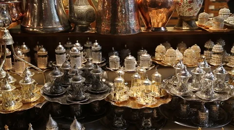Antique silver pitcher and coffee cup set with dates in a tray isolated on a Stock Footage 50453462
