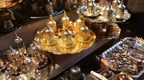 Antique silver pitcher and coffee cup set with dates in a tray isolated on a Stock Footage 50453650