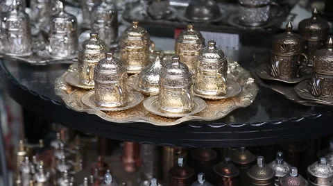 Antique silver pitcher and coffee cup set with dates in a tray isolated on a Stock Footage 50453863
