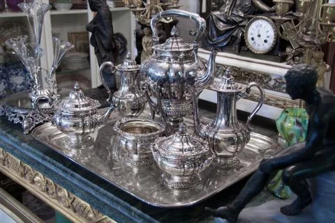 Antique silver tea set Stock Photos