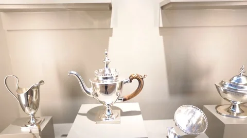 Antique silverware in display case Stock Footage 126015545