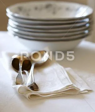 Antique Spoons with China Bowls Stock Photos