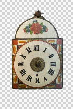 An antique, square clock face with Roman numerals and decorative painting i.. Stock Photos