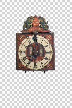 An antique, square clock face with Roman numerals and decorative painting i.. Stock Photos