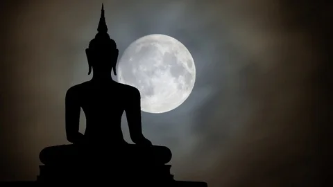 Antique Statue of Buddah at Night with Full Moon and Clouds, Bangkok, Thailand Stock Footage 101512926