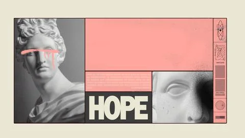 Antique statue bust over pink backwound. Flyer, postcard example, invitation Ilustração Stock