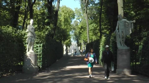 Antique statues on the paths of the Summer Garden on a sunny summer day. Stock Footage 340529784