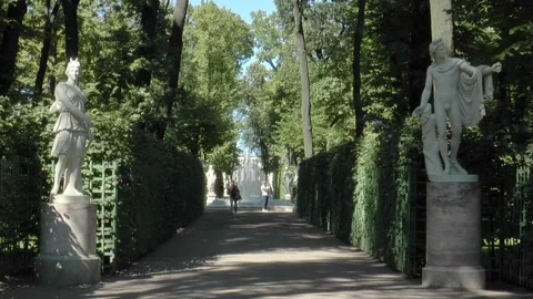 Antique statues on the paths of the Summer Garden on a sunny summer day. Stock Footage 340529797