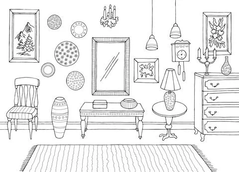 Antique store interior graphic black white sketch illustration vector Stock Illustration