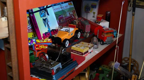 Antique store items old car toys Stock Footage 36741480