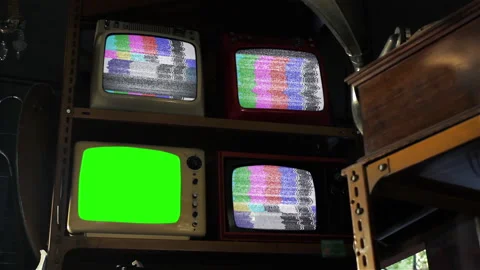 Antique Store TV Stack with Color Bars Glitch and Bottom Chroma Key Stock Footage 168453322