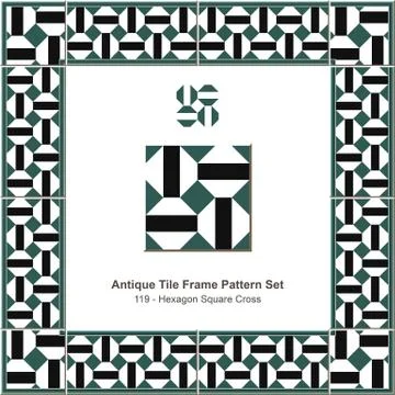 Antique tile frame pattern set of Retro Green Black Hexagon Square Cross Illustrazione stock