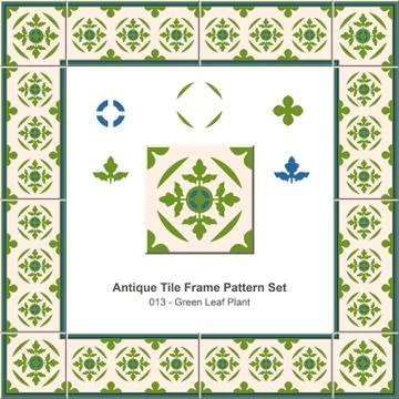 Antique tile frame pattern set of Curve Green Leaf Plant Illustrazione stock