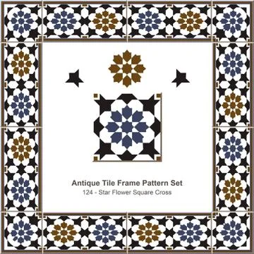 Antique tile frame pattern set of Islamic Brown Star Flower Square Cross Stock Illustration