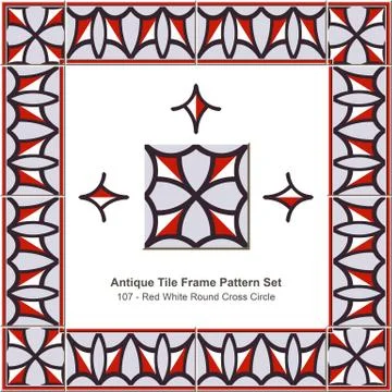 Antique tile frame pattern set of Red White Cross Circle 스톡 일러스트