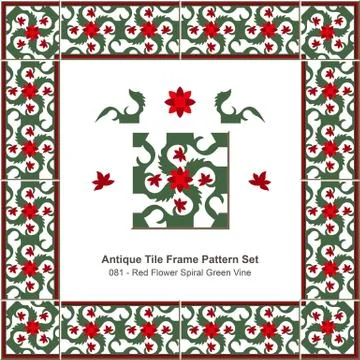 Antique tile frame pattern set of Red Flower Spiral Green Vine Stock Illustration