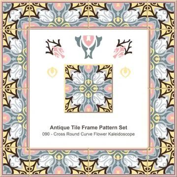 Antique tile frame pattern set of Cross Round Curve Flower Kaleidoscope Stock Illustration