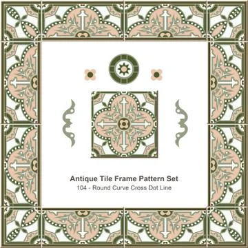 Antique tile frame pattern set of Round Green Curve Cross Dot Line 스톡 일러스트