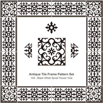 Antique tile frame pattern set of Retro Black White Spiral Flower Vine Stock Illustration