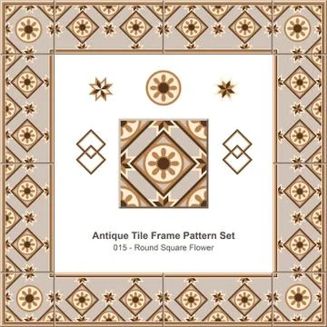 Antique tile frame pattern set of Round Square Check Flower Illustrazione stock