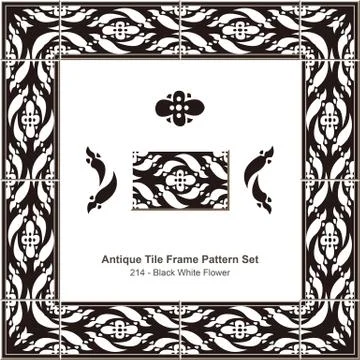 Antique tile frame pattern set of Retro Black Curve Spiral White Flower Illustrazione stock