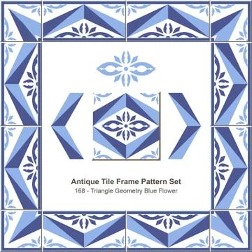 Antique tile frame pattern set of Triangle Rhomb Geometry Blue Flower 스톡 일러스트
