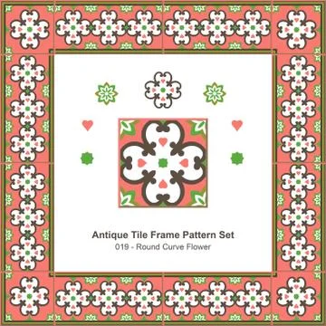 Antique tile frame pattern set of Round Curve Cross Flower Illustrazione stock