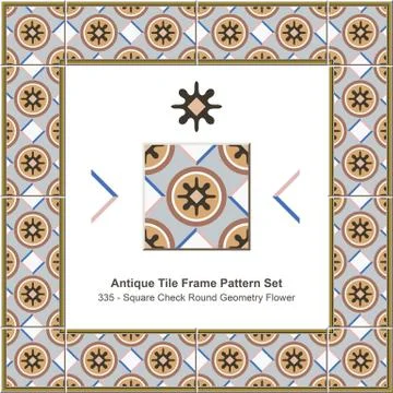 Antique tile frame pattern set of Square Check Round Geometry Flower Illustrazione stock