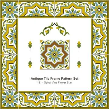 Antique tile frame pattern set of Retro Garden Yellow Spiral Vine Flower Star Stock Illustration