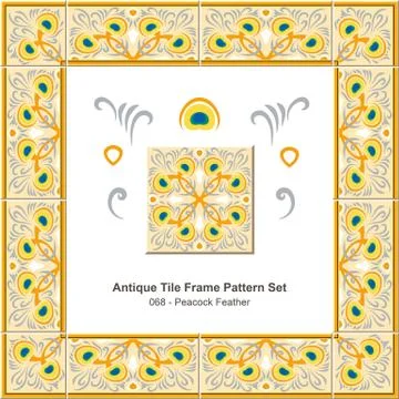 Antique tile frame pattern set of Peacock Feather Stock Illustration