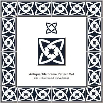 Antique tile frame pattern set of Blue Round Curve Cross Illustrazione stock