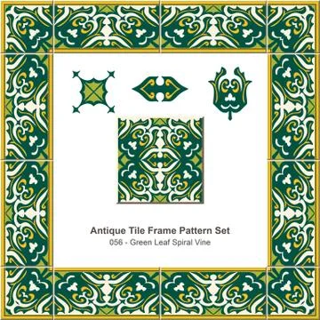Antique tile frame pattern set of Green Leaf Spiral Vine イラスト素材