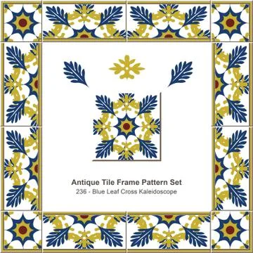 Antique tile frame pattern set of Blue Leaf Cross Kaleidoscope Stock Illustration
