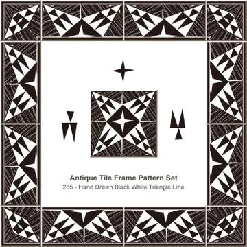 Antique tile frame pattern set of Hand Drawn Black White Triangle Line Stock Illustration