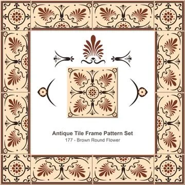 Antique tile frame pattern set of Retro Brown Fan Shape Leaf Round Flower Stock Illustration