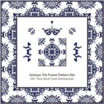 Antique tile frame pattern set of Blue Spiral Cross Kaleidoscope Illustrazione stock