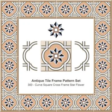 Antique tile frame pattern set of Elegant Curve Square Cross Frame Star Flower Illustrazione stock
