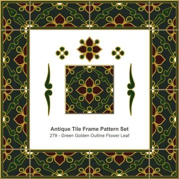 Antique tile frame pattern set of Green Golden Outline Flower Leaf Illustrazione stock