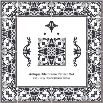 Antique tile frame pattern set of Grey Round Square Cross Kaleidoscope Stock Illustration