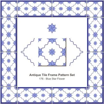 Antique tile frame pattern set of Retro Blue Star Curve Cross Wave Flower 스톡 일러스트