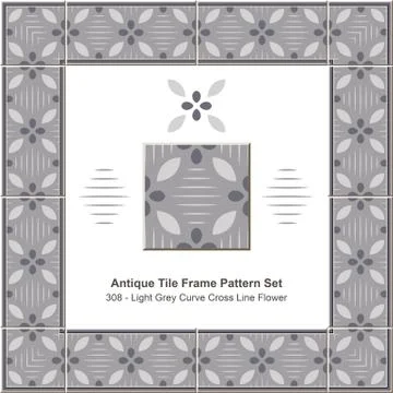 Antique tile frame pattern set of Light Grey Curve Cross Line Flower Illustrazione stock