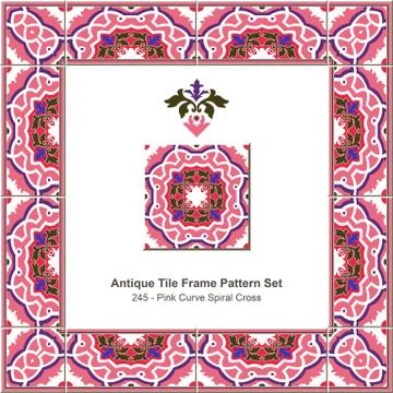 Antique tile frame pattern set of Pink Curve Spiral Cross Flower Stock Illustration