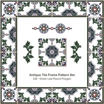 Antique tile frame pattern set of Retro Green Leaf Round Polygon 스톡 일러스트