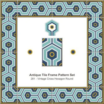 Antique tile frame pattern set of Vintage Cross Blue  Hexagon Round Illustrazione stock