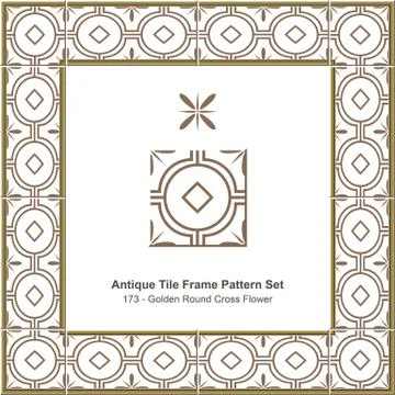 Antique tile frame pattern set of Golden Round Cross Flower Stock Illustration