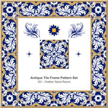 Antique tile frame pattern set of Feather Spiral Round Cross 스톡 일러스트