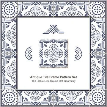 Antique tile frame pattern set of Blue Line Round Dot Geometry Cross Flower Stock Illustration