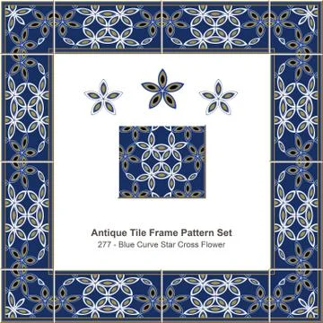 Antique tile frame pattern set of Blue Curve Star Cross Flower 스톡 일러스트